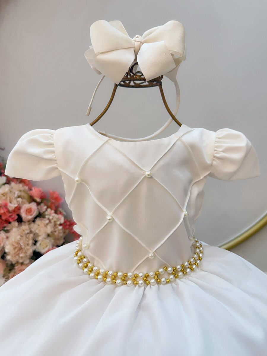Vestido Infantil Off White Cinto de Pérolas Casamento