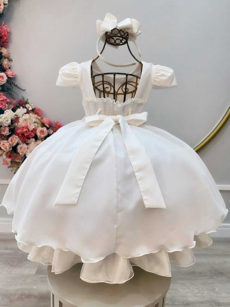 Vestido Infantil Off White Cinto de Pérolas Casamento