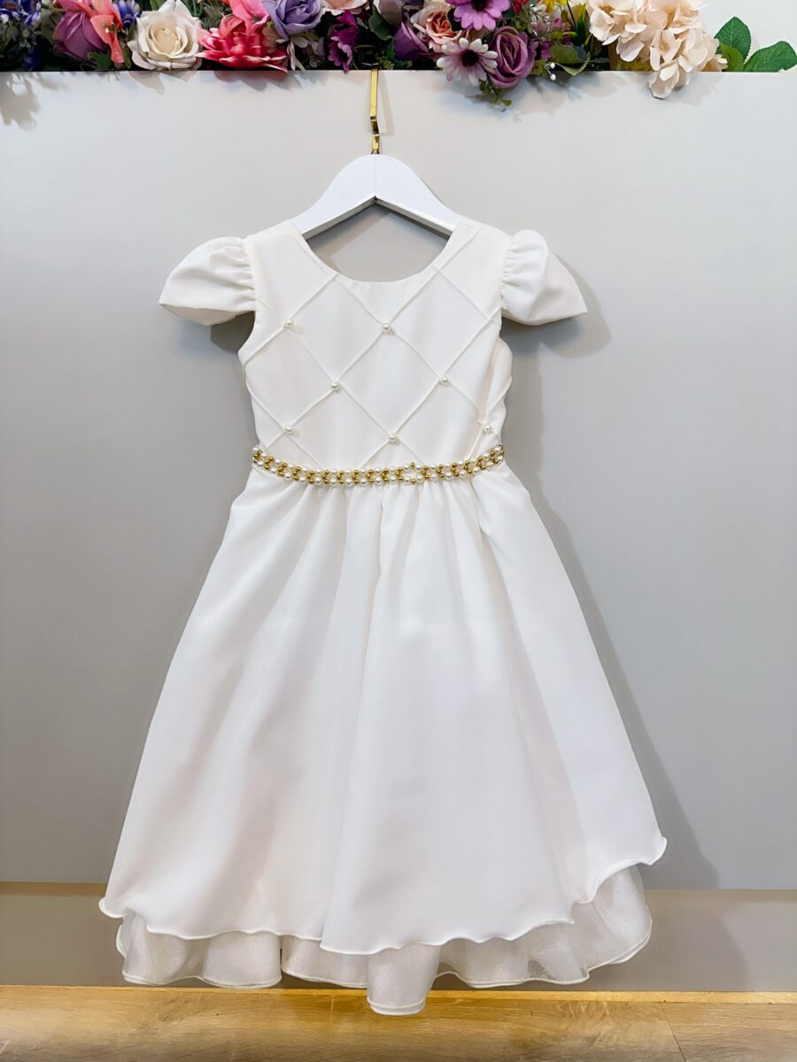 Vestido Infantil Off White Cinto de Pérolas Casamento