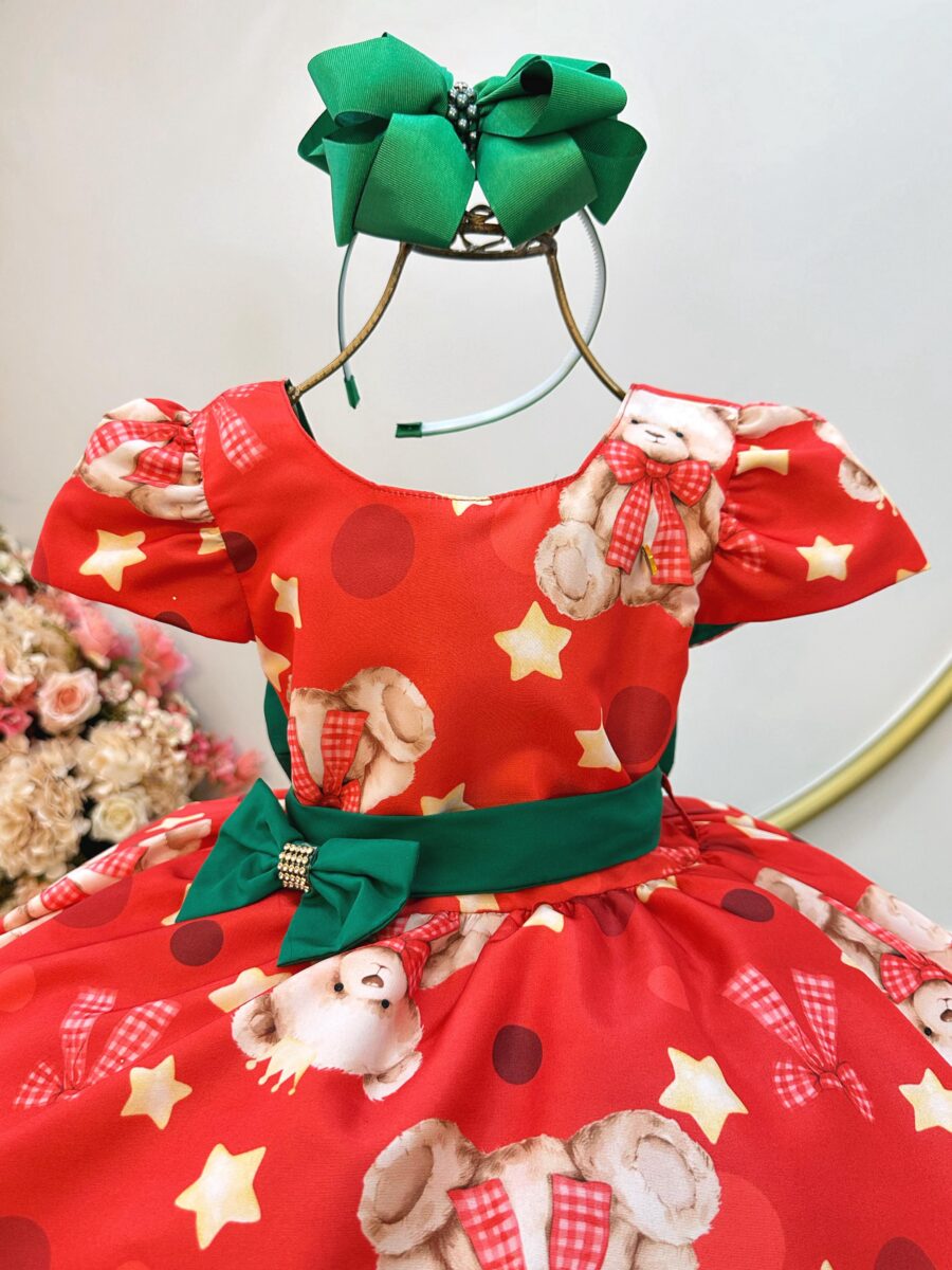 Vestido Infantil Vermelho e Verde Ursinhos Natal