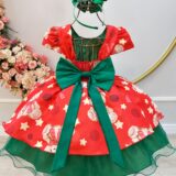 Vestido Infantil Vermelho e Verde Ursinhos Natal