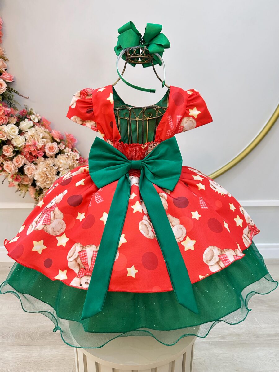Vestido Infantil Vermelho e Verde Ursinhos Natal