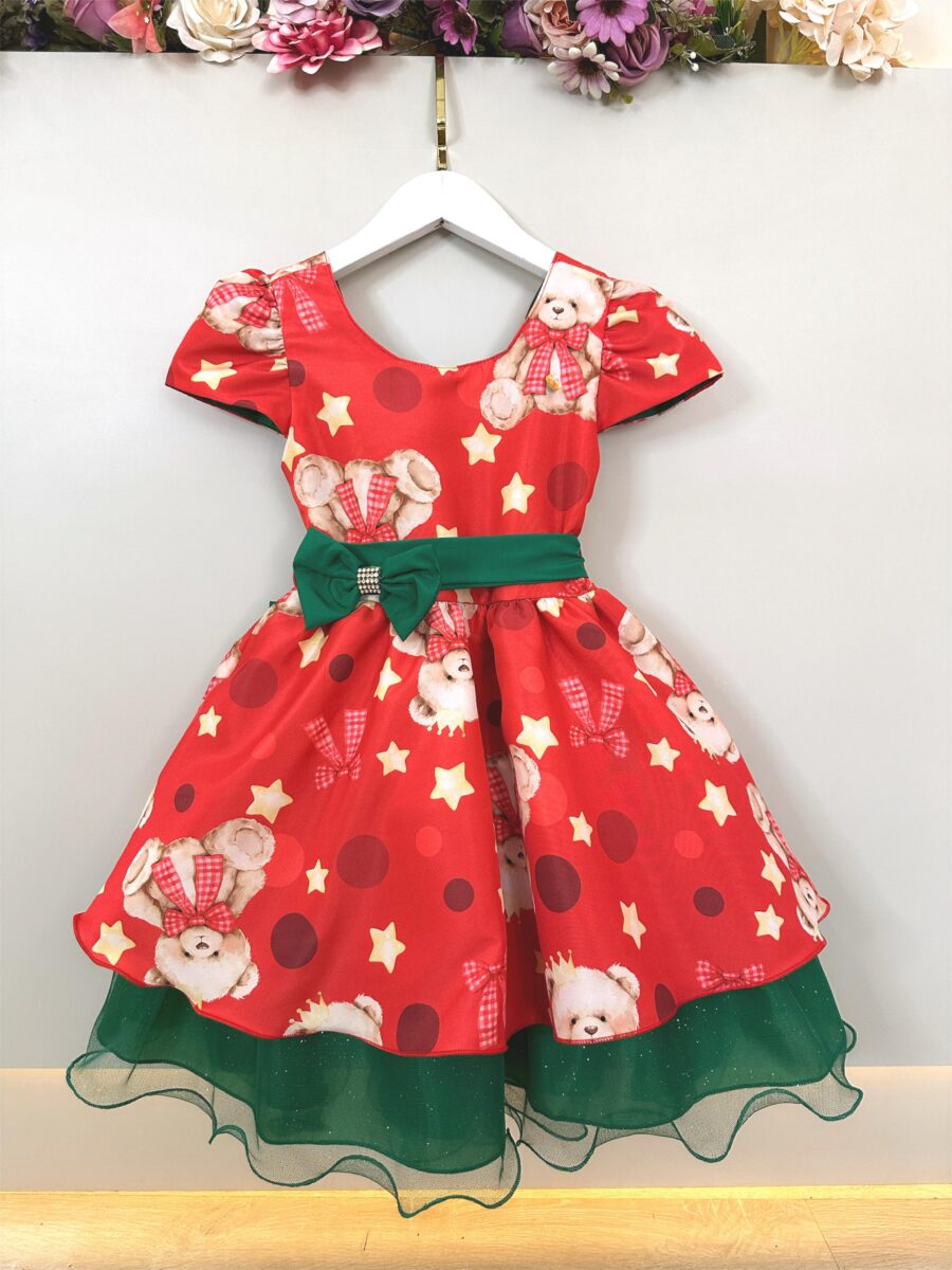 Vestido Infantil Vermelho e Verde Ursinhos Natal