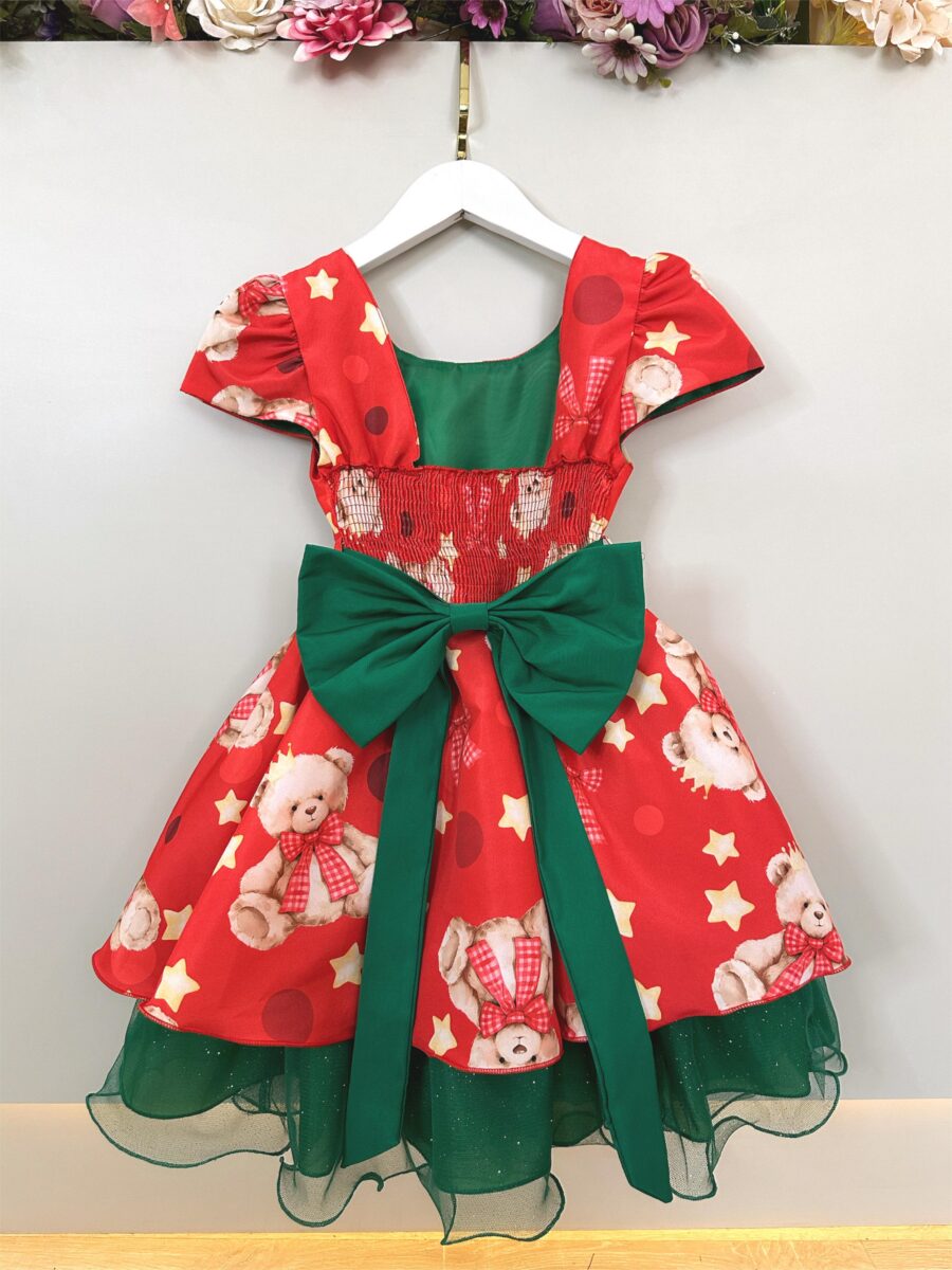 Vestido Infantil Vermelho e Verde Ursinhos Natal