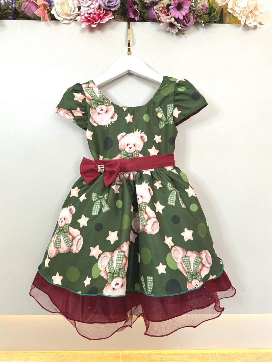 Vestido Infantil Verde e Marsala Ursinhos Natal