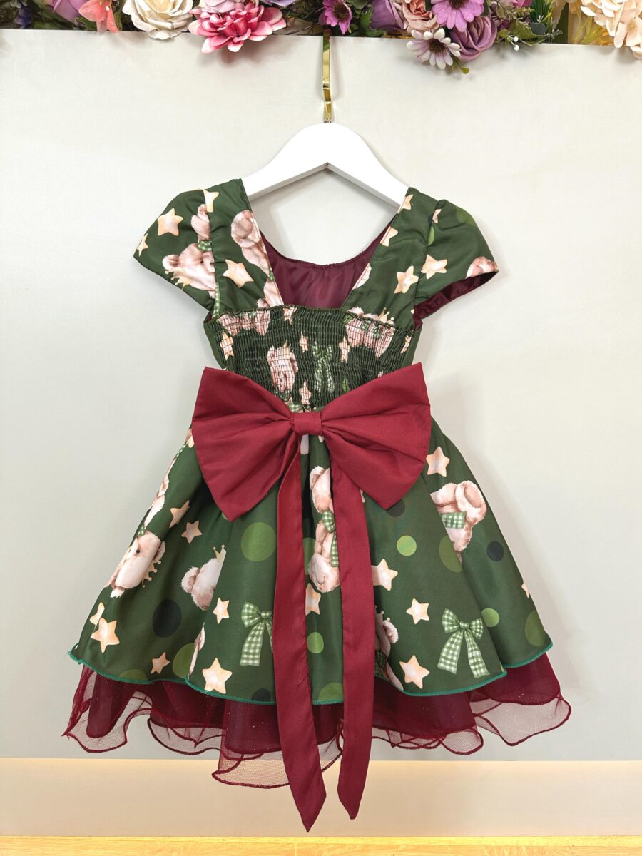 Vestido Infantil Verde e Marsala Ursinhos Natal