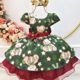 Vestido Infantil Verde e Marsala Ursinhos Natal