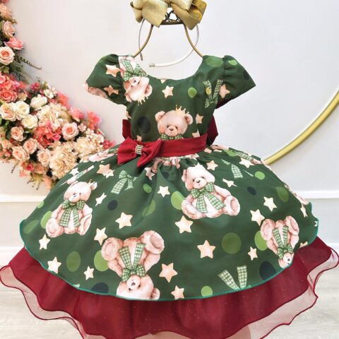 Vestido Infantil Verde e Marsala Ursinhos Natal
