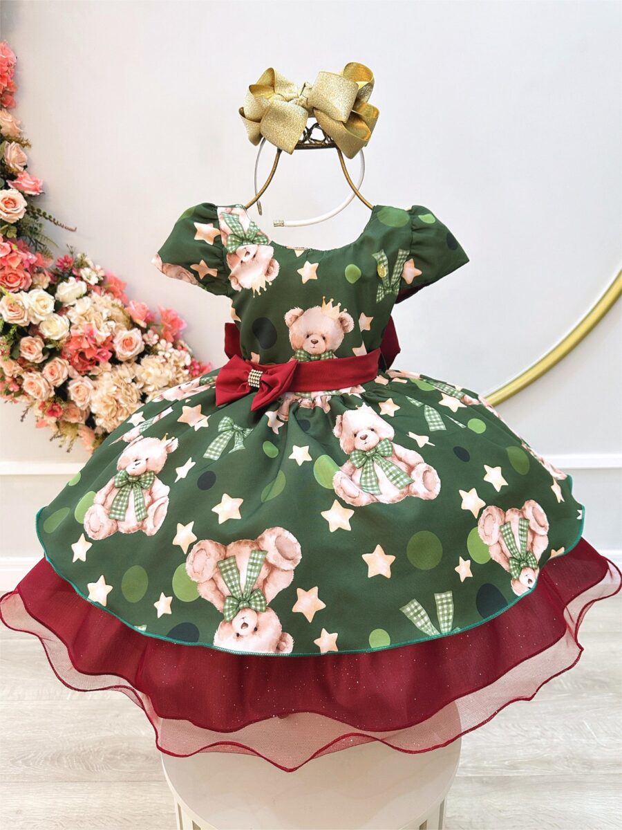 Vestido Infantil Verde e Marsala Ursinhos Natal