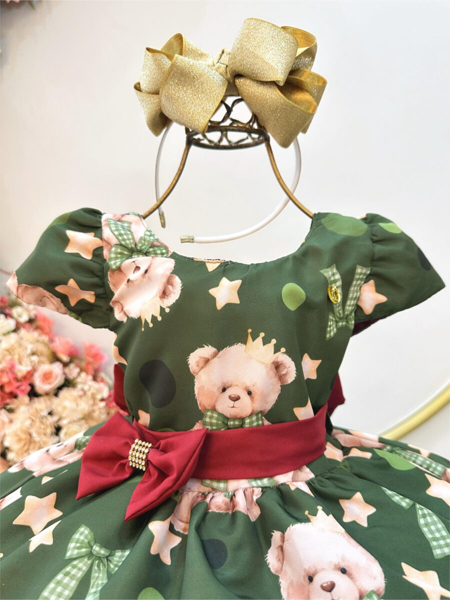 Vestido Infantil Verde e Marsala Ursinhos Natal