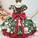Vestido Infantil Verde e Marsala Ursinhos Natal