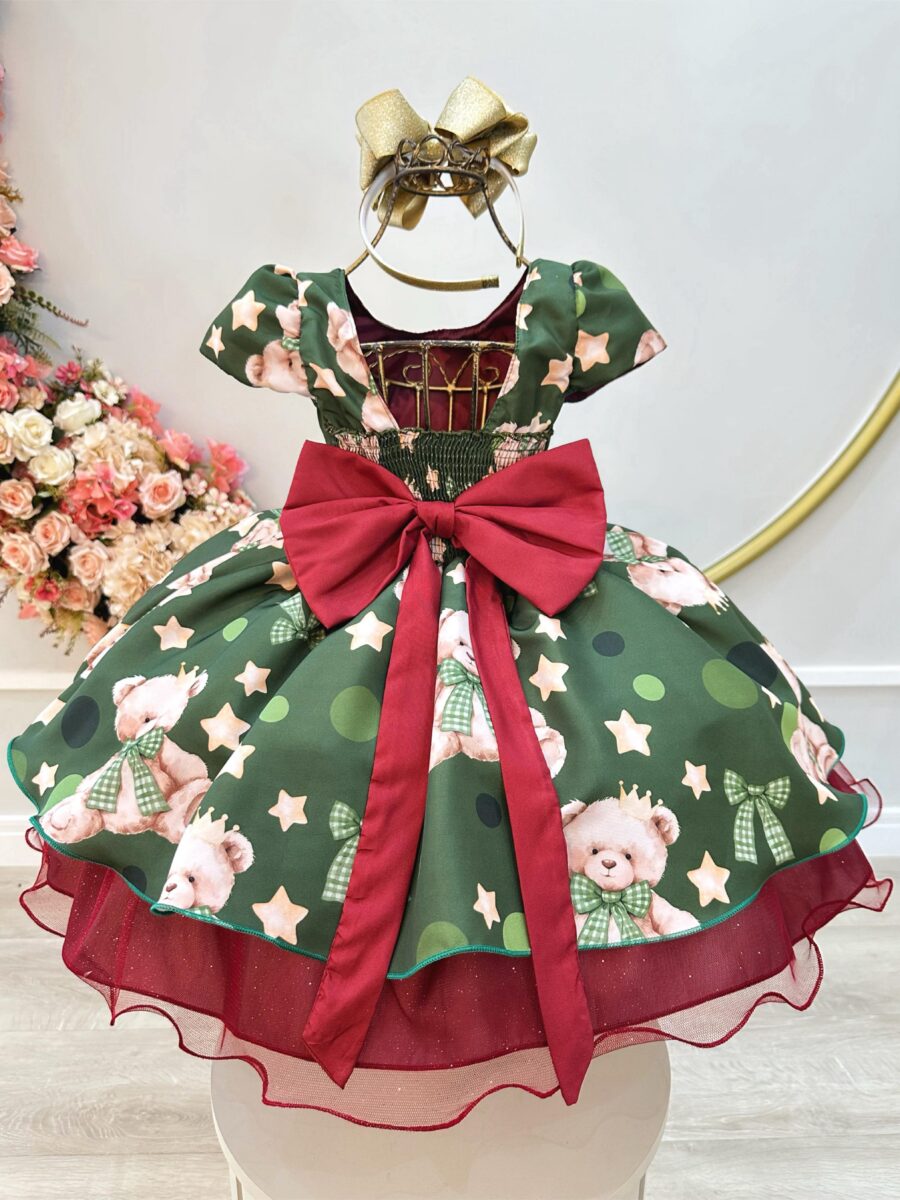 Vestido Infantil Verde e Marsala Ursinhos Natal