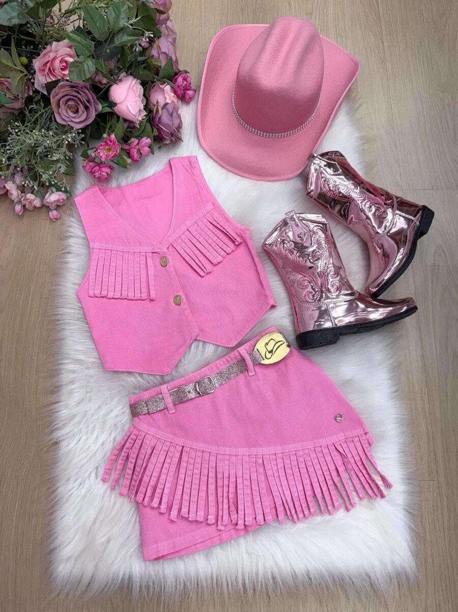 Conjunto Boiadeira Infantil Jeans com Chapéu e Cinto