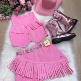 Conjunto Boiadeira Infantil Jeans com Chapéu e Cinto