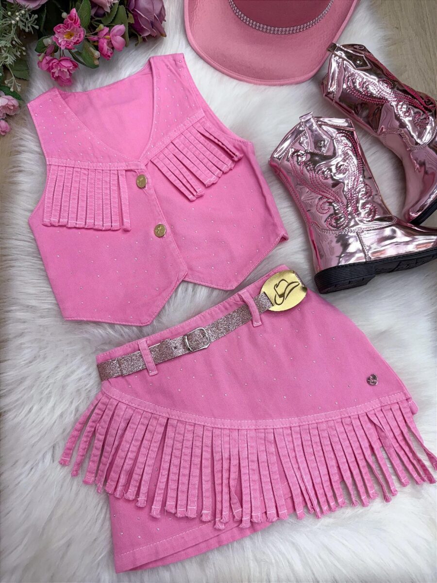 Conjunto Boiadeira Infantil Jeans com Chapéu e Cinto