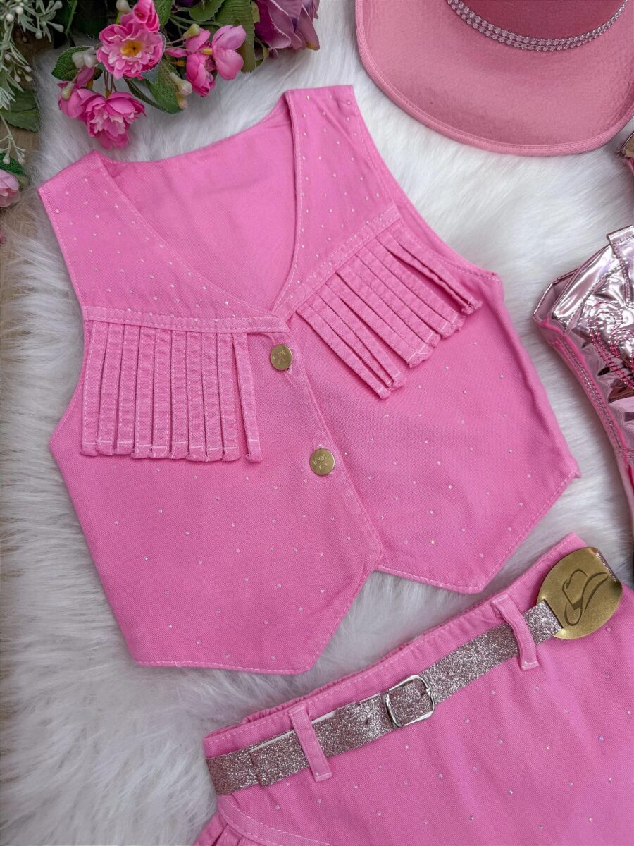 Conjunto Boiadeira Infantil Jeans com Chapéu e Cinto