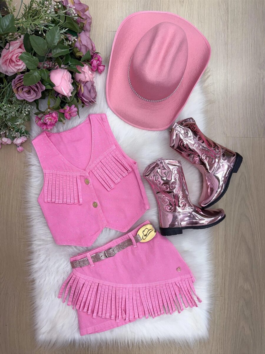 Conjunto Boiadeira Infantil Jeans com Chapéu e Cinto