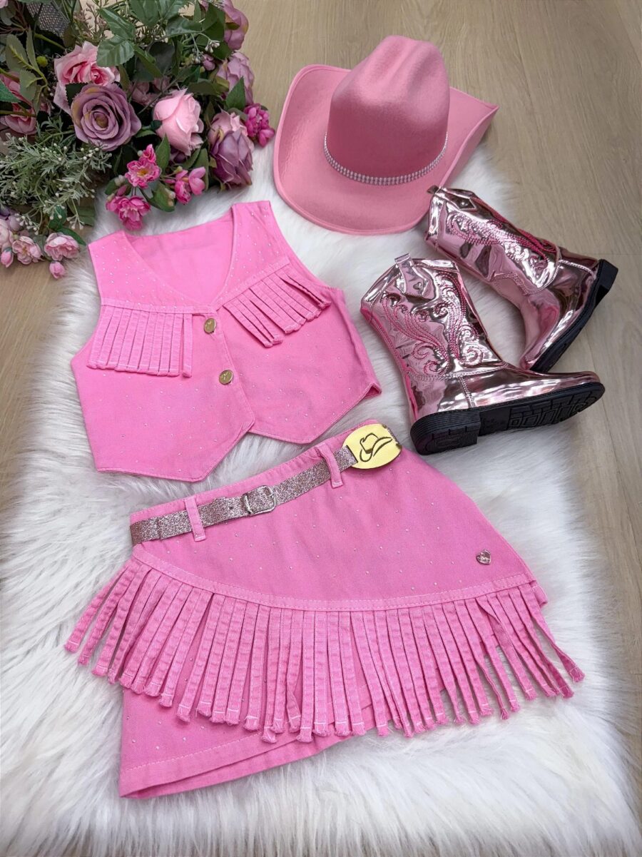 Conjunto Boiadeira Infantil Jeans com Chapéu e Cinto