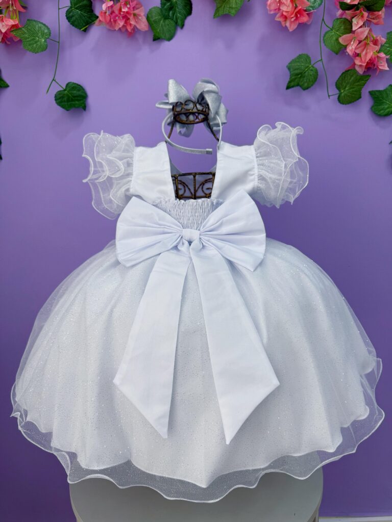 Vestido Infantil Branco com Glitter Daminha Festa