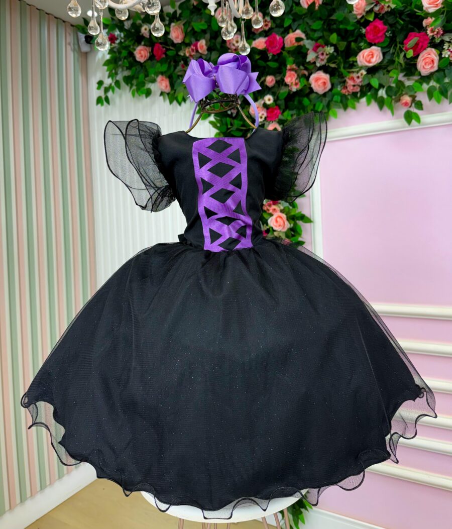 Vestido Infantil Halloween Bruxinha Encanto Sombrio Preto