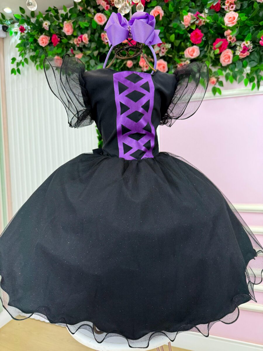 Vestido Infantil Halloween Bruxinha Encanto Sombrio Preto