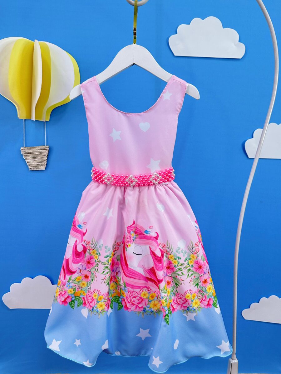 Vestido Infantil Rosa Unicórnio Festa de Aniversário