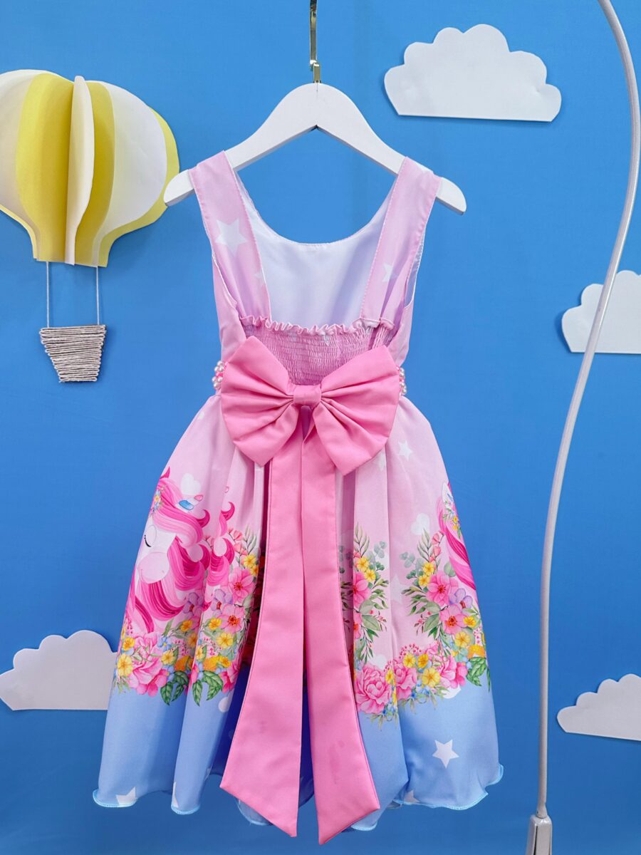 Vestido Infantil Rosa Unicórnio Festa de Aniversário