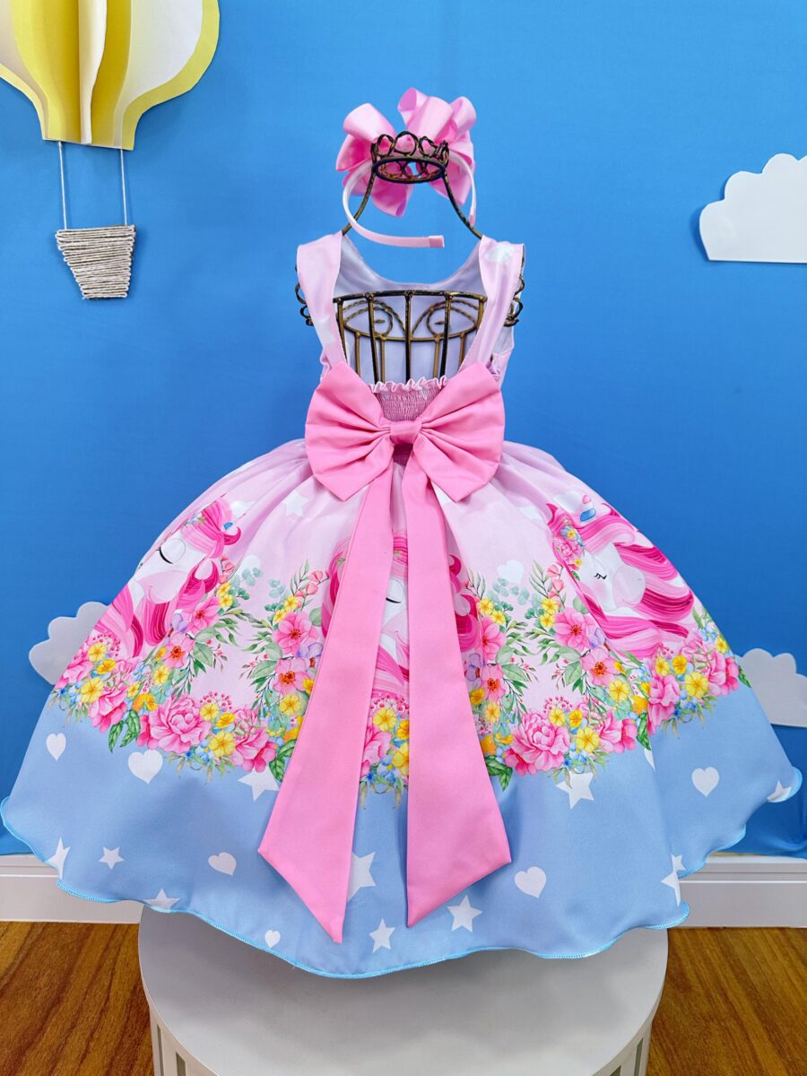 Vestido Infantil Rosa Unicórnio Festa de Aniversário