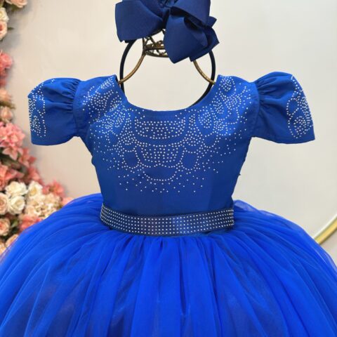 Vestido Infantil Azul Royal Dama com Strass Tam 4 ao 18