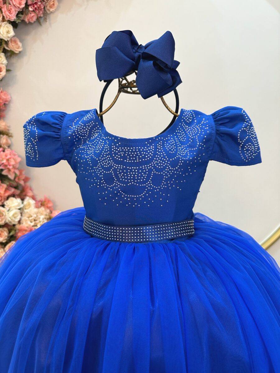 Vestido Infantil Azul Royal Dama com Strass Tam 4 ao 18