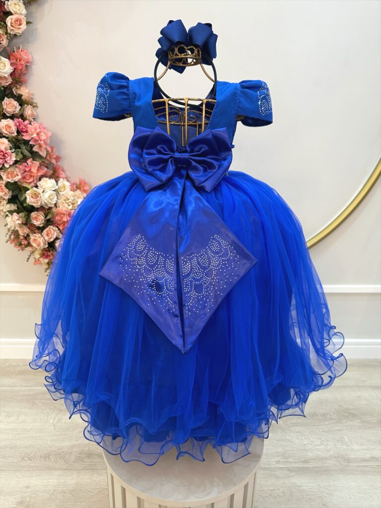Vestido Infantil Azul Royal Dama com Strass Tam 4 ao 18
