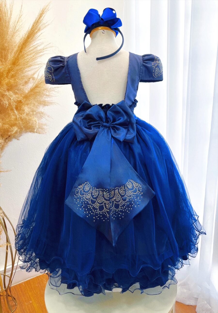 Vestido Infantil Azul Royal Dama com Strass Tam 4 ao 18