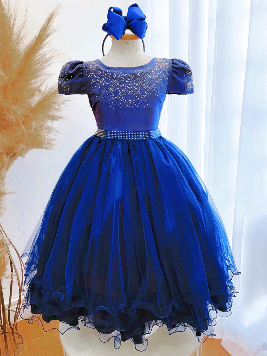 Vestido Infantil Azul Royal Dama com Strass Tam 4 ao 18