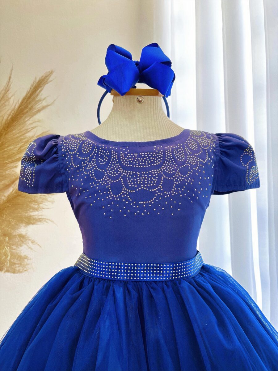 Vestido Infantil Azul Royal Dama com Strass Tam 4 ao 18