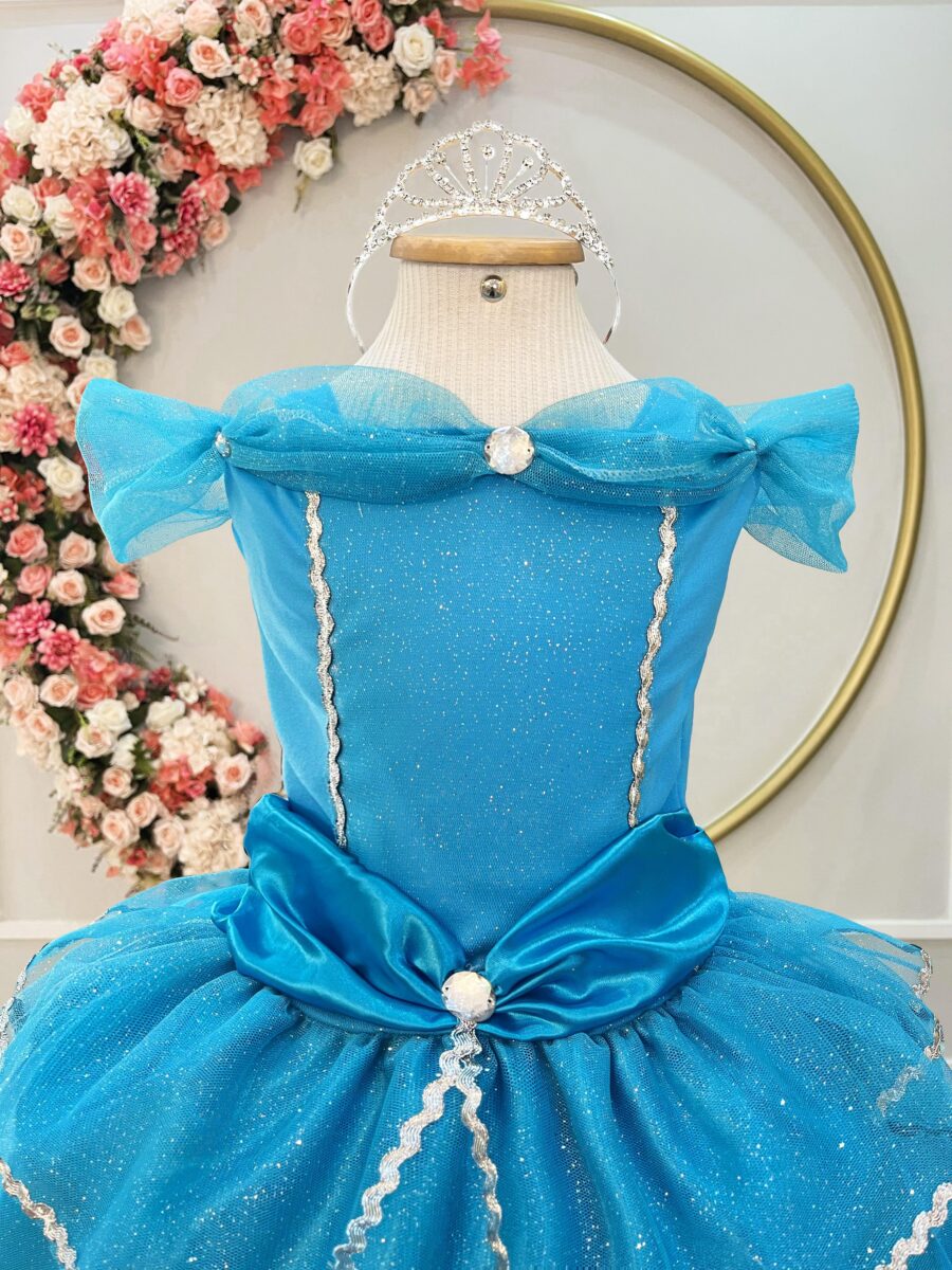 Fantasia Infantil Princesa Azul com Luvas Cetim e Tule