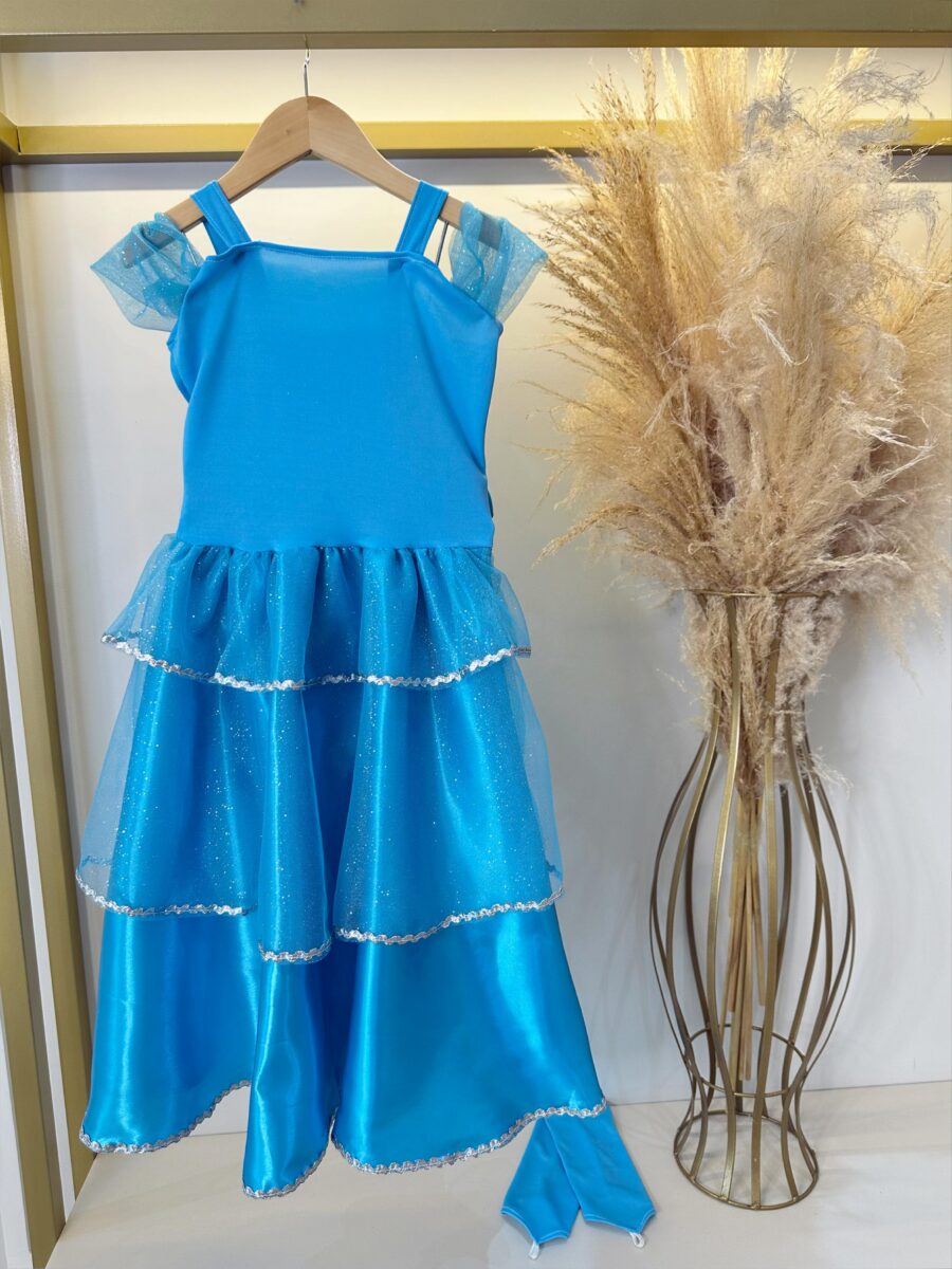 Fantasia Infantil Princesa Azul com Luvas Cetim e Tule