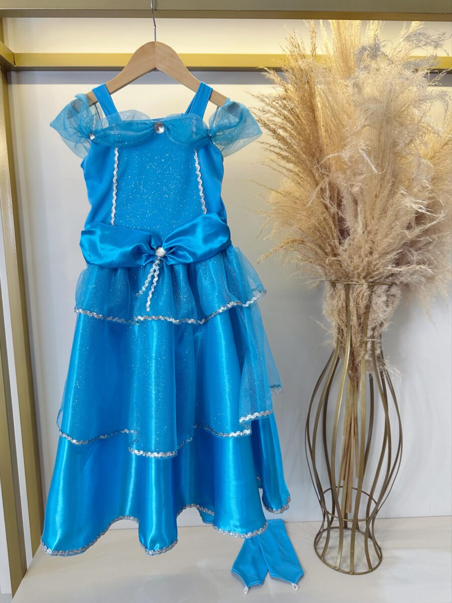 Fantasia Infantil Princesa Azul com Luvas Cetim e Tule