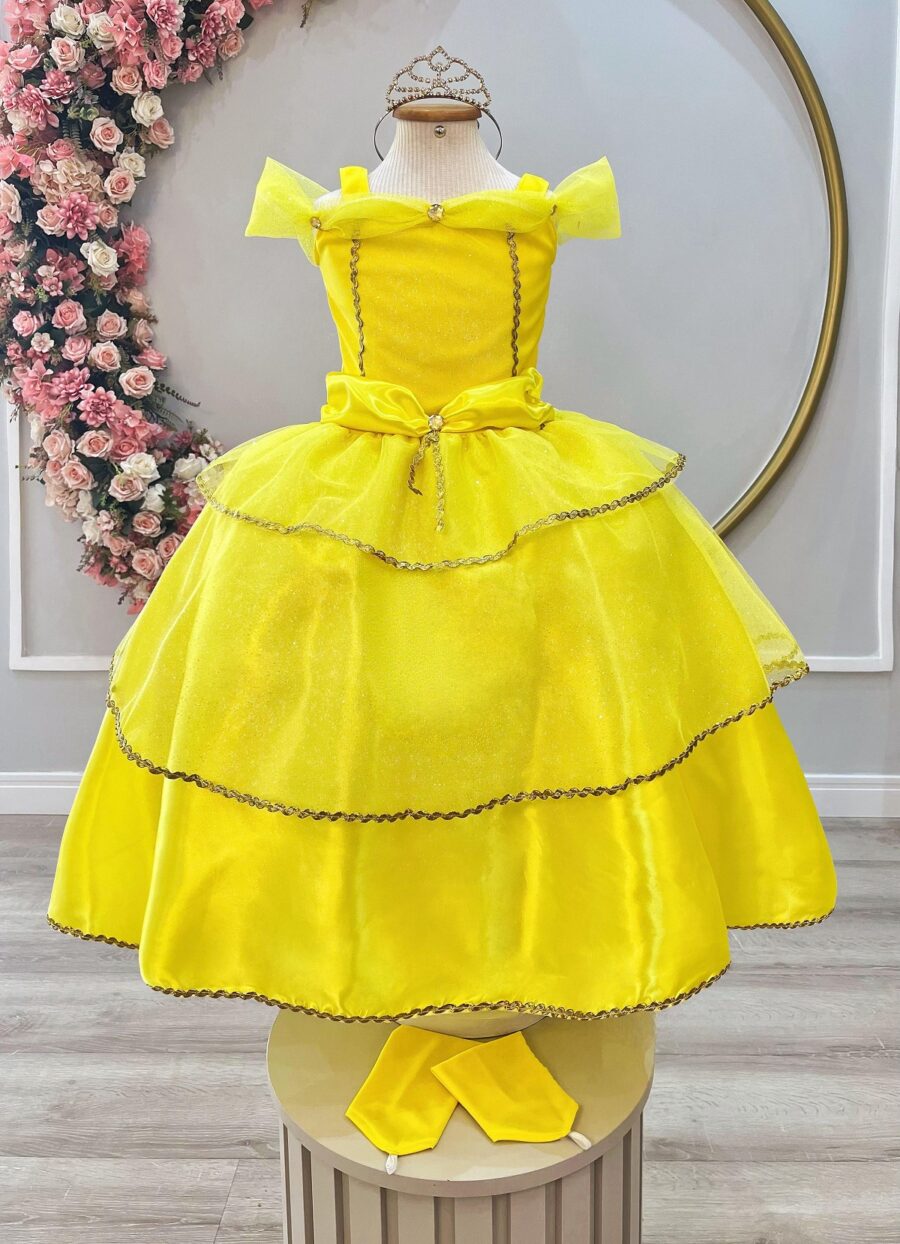Fantasia Infantil Princesa Amarela com Luvas Cetim e Tule