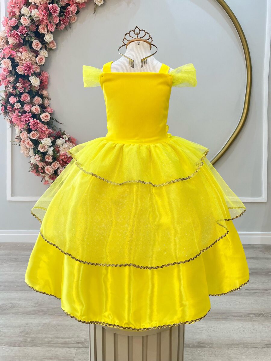 Fantasia Infantil Princesa Amarela com Luvas Cetim e Tule