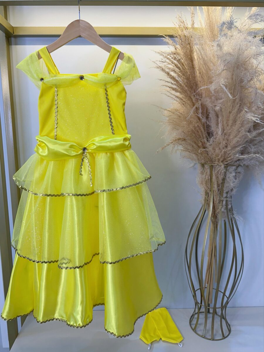 Fantasia Infantil Princesa Amarela com Luvas Cetim e Tule