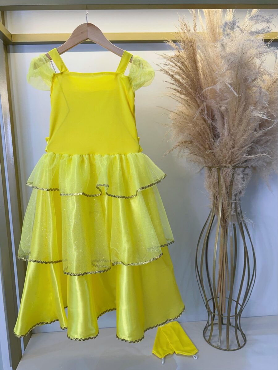 Fantasia Infantil Princesa Amarela com Luvas Cetim e Tule