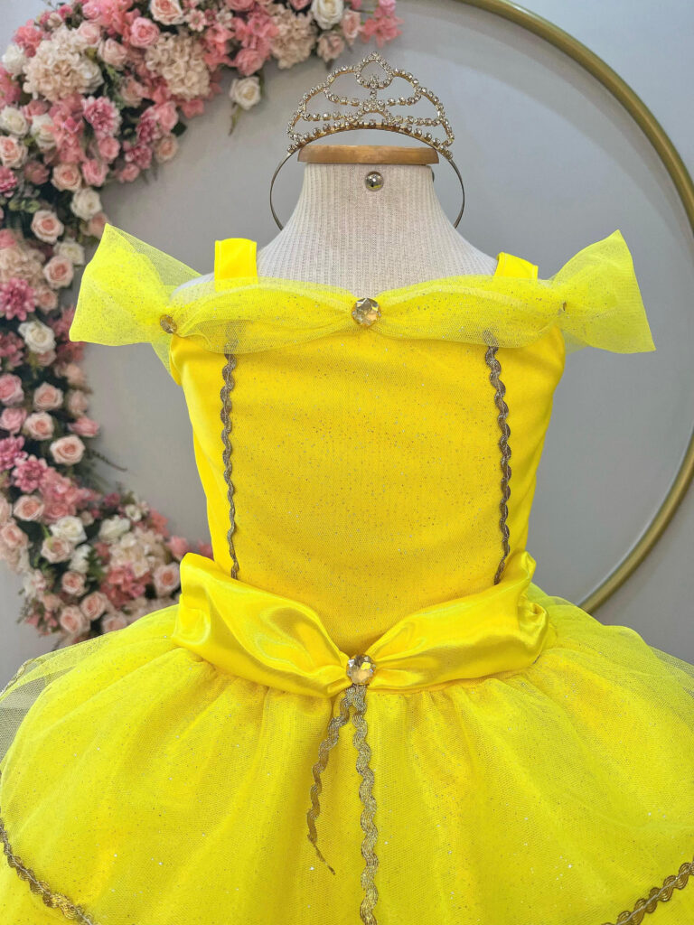 Fantasia Infantil Princesa Amarela com Luvas Cetim e Tule
