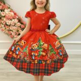 Vestido Infantil Vermelho Ursinhos Festa de Natal