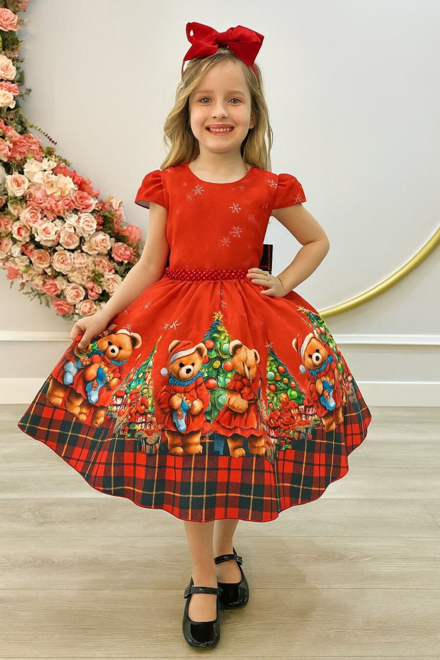 Vestido Infantil Vermelho Ursinhos Festa de Natal