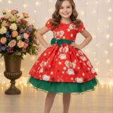 Vestido Infantil Vermelho e Verde Ursinhos Natal