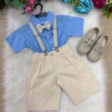 Conjunto Infantil Miss Cherry Henry Azul Suspensório Bege