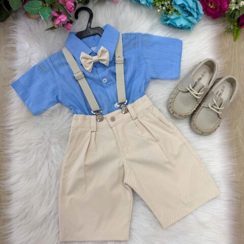 Conjunto Infantil Miss Cherry Henry Azul Suspensório Bege