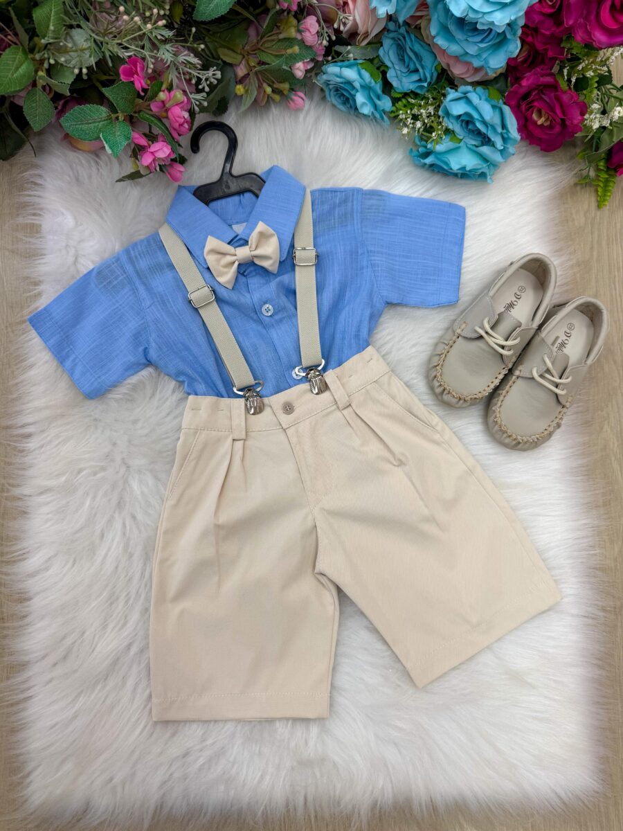 Conjunto Infantil Miss Cherry Henry Azul Suspensório Bege