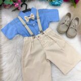 Conjunto Infantil Miss Cherry Henry Azul Suspensório Bege
