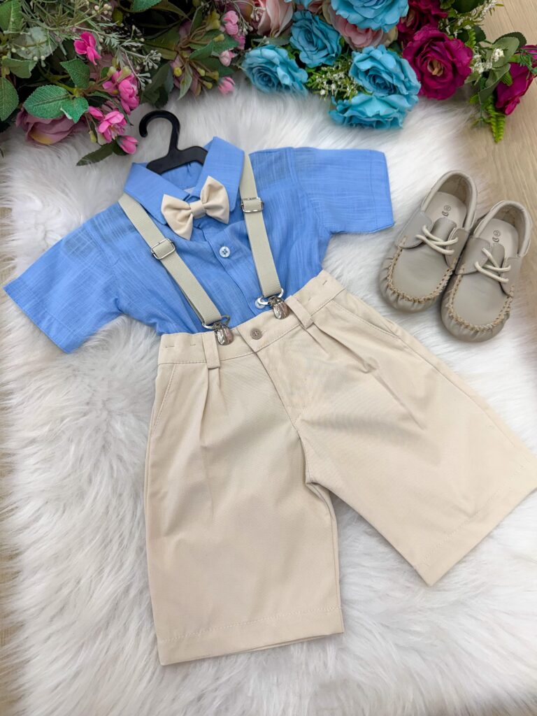 Conjunto Infantil Miss Cherry Henry Azul Suspensório Bege